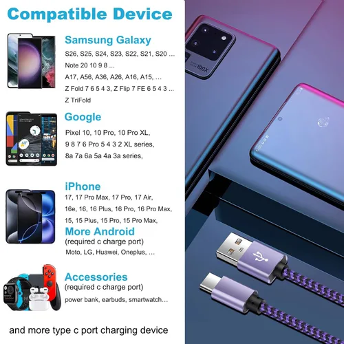Miniatura 5 de Cable de carga para Samsung S26+ S26, cable de 6 pies para Samsung Galaxy S26 Plus Ultra S25+ S25 FE S24+ S24 S23+ S23 S22 S21 S20 S10 S10e, cable