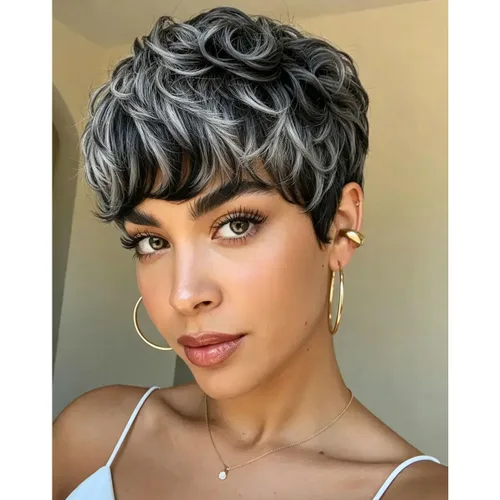 Miniatura 13 de MOONSHOW Pelucas cortas de corte Pixie para mujeres negras, pelucas cortas Pixie negras naturales para mujeres negras, peluca sintética rizada