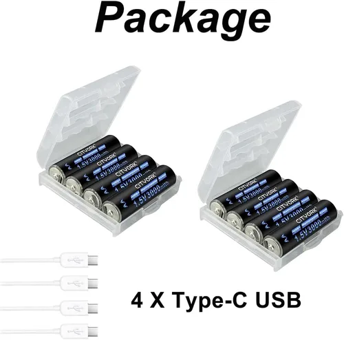 Miniatura 9 de CITYORK Baterías recargables AA de litio de 3000 mWh, paquete de 8, batería doble A recargable USB de 1.5 V