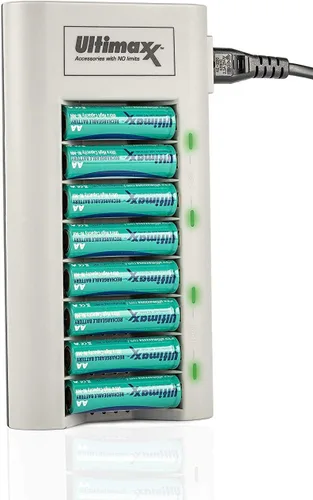 Miniatura 3 de Ultimaxx Cargador con baterías, cargador de batería de 8 puertos y 2 pilas AAA de 1100 mAh (4 piezas) sin memoria, recargable, Ni-MH