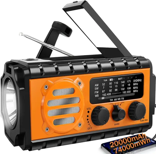 Radio de emergencia con manivela de 20000 mAh, radio meteorológica SW/NOAA/AM/FM, manivela accionada por energía solar con batería Bige, portátil,