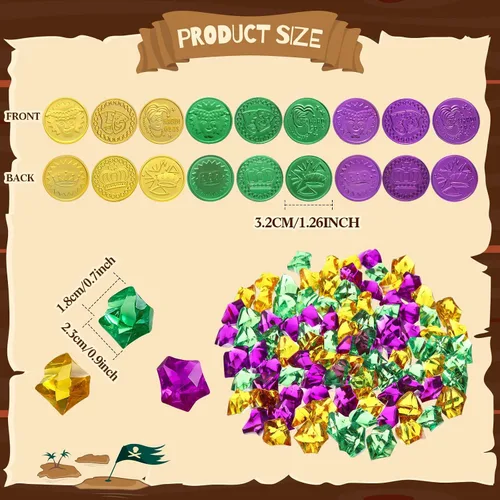 Miniatura 2 de Crowye Juego de 180 monedas falsas del tesoro pirata, gemas de plástico y collar de cuentas, juego de joyas para piratas, aventura, carnaval, Dorado
