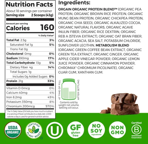Miniatura 2 de Orgain - Proteína orgánica + mezcla de metabolismo en polvo, chocolate con sabor a malta - 21 g de proteína vegetal, 5 g de fibra prebiótica, sin