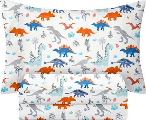 BYSURE Juego de sábanas tamaño individual para niños (dinosaurio, naranja y azul), juego de sábanas de 3 piezas de fácil ajuste con bolsillo