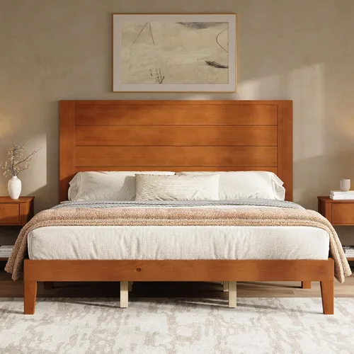 Miniatura 14 de AMERLIFE Base de cama tamaño Queen con cabecera de 48 pulgadas de alto, cama de plataforma de madera maciza moderna de mediados de siglo con sistema