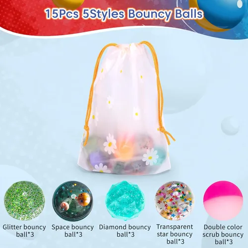 Miniatura 3 de Pllieay 15 piezas de bolas rebotadoras para niños con bolsa de almacenamiento, 5 estilos de bolas rebotadoras de 32 mm al por mayor para niños