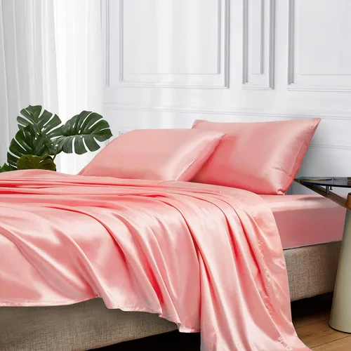 Miniatura 12 de MR&HM Sábanas de satén para cama de tamaño King, juego de 4 piezas de ropa de cama sedosa con bolsillo profundo de 15 pulgadas para colchón