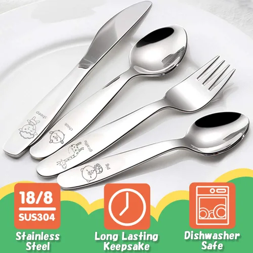 Miniatura 3 de Juego de cubiertos para niños pequeños de acero inoxidable 18/8, 4 piezas, tenedor, cuchara y cuchillo, cubiertos para niños a partir de 3 años