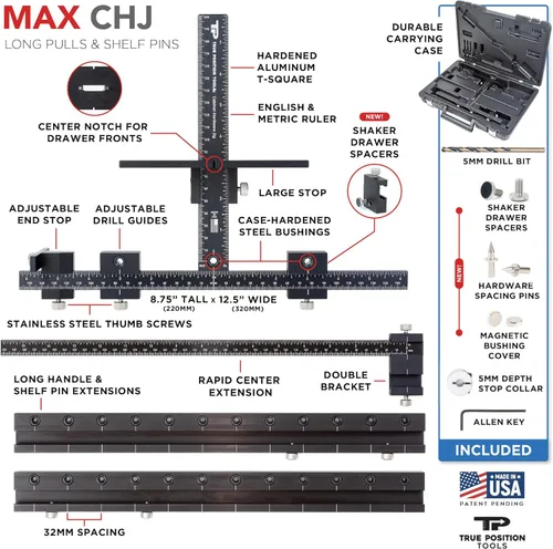 Miniatura 5 de Jig de Hardware de Gabinete MAX - Instala Tiradores Largos y Agujeros para Pernos de Estante - Fabricado en EE. UU. - Calibrado a Mano por True