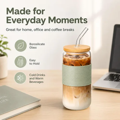 Miniatura 6 de Taza de bambú de vidrio de 16 onzas con tapa y pajita, juego de tazas de café de vidrio de 16 onzas, batido, cerveza, jugo, matcha, vasos estéticos