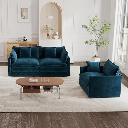 Miniatura 24 de mikibama Juego de sofá biplaza y sillón de lujo de 2 piezas, moderno juego de sofás nube tapizados de chenilla con 5 almohadas para sala de estar