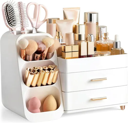 Miniatura 14 de HBlife Organizador de maquillaje con soporte para brochas para tocador, organizador grande de plástico para tocador de baño, almacenamiento