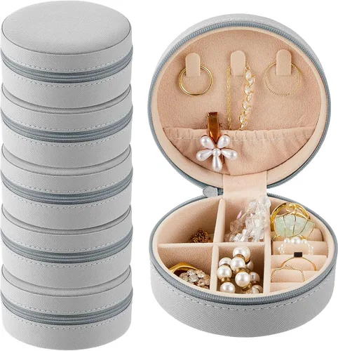 Miniatura 8 de Caja de joyería de viaje de 6 piezas, cajas de regalo de dama de honor, organizador de viaje, pequeño joyero, redondo, mini almacenamiento, piel