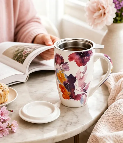 Miniatura 6 de AmorArc Taza de té de porcelana de 18 onzas con infusor y tapa, taza de té de hojas sueltas con colador de acero inoxidable, taza de café grande