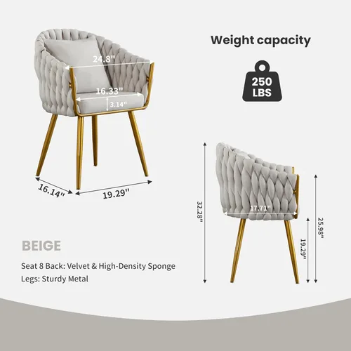 Miniatura 2 de BOSMILLER Sillas de comedor tejidas, modernas sillas de comedor con patas antideslizantes de metal dorado, respaldo alto curvado, silla de comedor