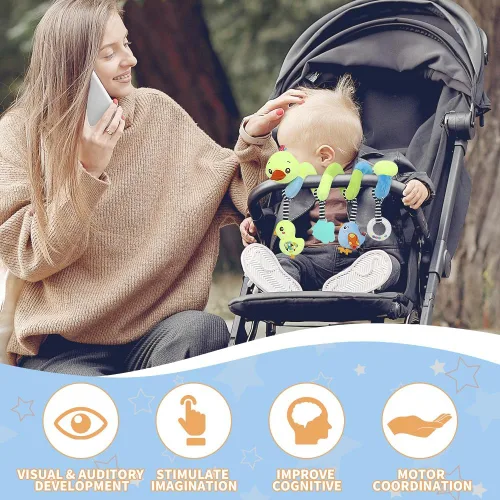 Miniatura 7 de Caterbee Juguetes de asiento de coche para bebé, juguetes colgantes en espiral de actividad, juguetes de cuna de felpa con chirriante para niño