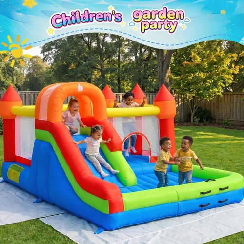 Miniatura 2 de Casa de rebote para niños con tobogán, casa inflable fácil de desinflar para niños pequeños, castillo de salto inflable al aire libre con soplador