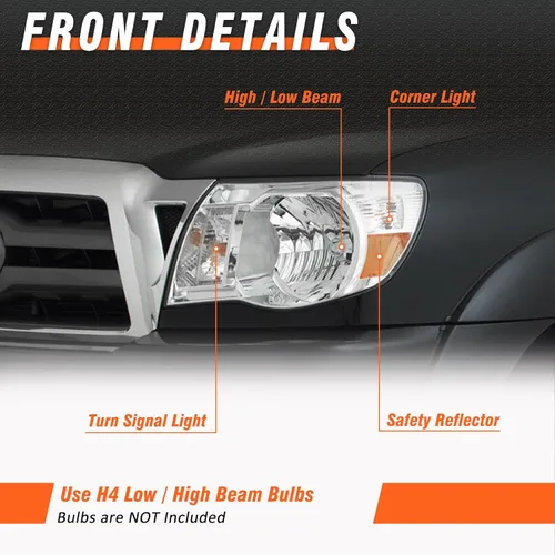 Miniatura 4 de Para Toyota Tacoma 2005-2011 Conjunto de faros delanteros Tacoma Pickup Truck carcasa cromada reflector ámbar reemplazo lado conductor y pasajero