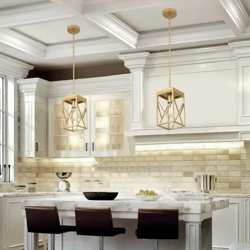 Miniatura 2 de Fivess Lighting - Lámpara colgante moderna de oro con jaula de metal, lámpara colgante mini con varillas ajustables de una luz para cocina, isla