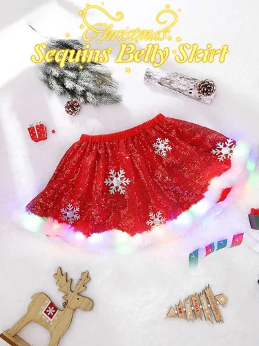 Miniatura 7 de REETAN Falda de lentejuelas de Navidad iluminada con copo de nieve, falda de vientre de Navidad brillante para mujeres y niñas, color rojo, Rojo