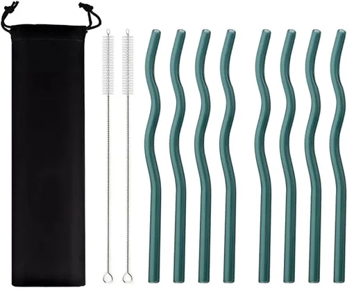 Miniatura 10 de JASHII Pajitas de vidrio onduladas incoloras, 8 pajitas de vidrio reutilizables de 7.87 x 0.31 pulgadas con bolsa negra, multicolor para beber