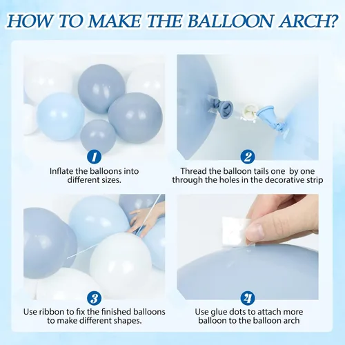 Miniatura 3 de Kit de arco de globos azules y blancos de 134 piezas, globos azules y blancos con confeti azul polvoriento para aniversario, revelación de género