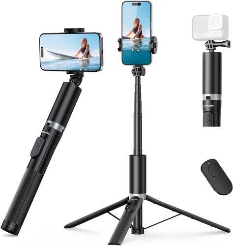 Miniatura 10 de SYNCWIRE Trípode de teléfono Selfie Stick de 55 pulgadas para iPhone, palo selfie de aluminio extensible todo en uno con control remoto, trípode