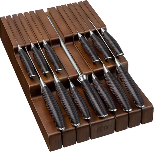 HOSHANHO Juego de cuchillos de cocina con bloque, juego profesional de 14 piezas de bloque de cuchillos ultra afilado en organizador de cajones de