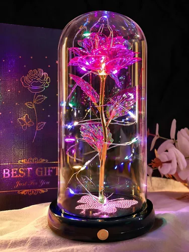 Miniatura 12 de Regalos de cumpleaños para mujer, rosa colorida con luz eterna en cúpula de cristal con mariposa, flores de Navidad para mamá, regalo de hija