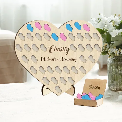 Miniatura 11 de Contador de nacimiento personalizado para estudiantes partera con 50 espacios para bebés, tablero de madera en forma de corazón