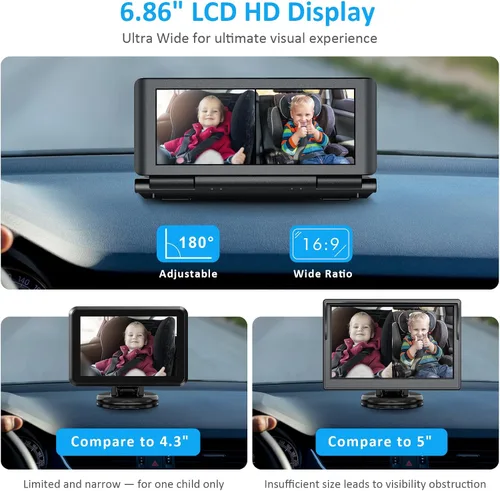 Miniatura 2 de Cámara de coche de bebé para 2 niños, monitor de bebé de pantalla dividida HD 1080P de 6.86 pulgadas con doble cámara de asiento trasero y visión