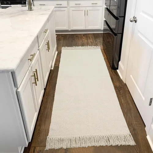 Miniatura 48 de Collive - Tapete de pasillo de cocina, 2 x 4.3 pies, tejido a mano, reversible, lavable, de algodón, color blanco/beige, para baño, pasillo