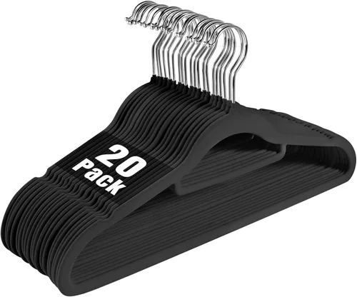 Perchas negras antideslizantes de terciopelo – Perchas resistentes para trajes que ahorran espacio con gancho giratorio de 360° – Paquete de 20 Negro
