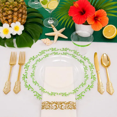 Miniatura 8 de PULOTE 175 platos de plástico verde – Plástico transparente con borde verde desechable – Incluye 25 platos de cada uno (cena y postre), 75