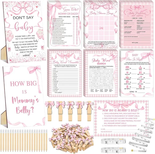 Funnymoom Juego de 426 juegos de baby shower con lazo rosa, 8 juegos, incluye bingo de baby shower, precio correcto, adivina quién, revuelto de