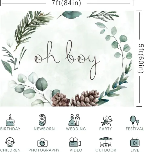 Miniatura 6 de Telón de fondo Oh Boy de 7 x 5 pies con vegetación para baby shower, fondo de fotografía de Navidad, hojas verdes, eucalipto botánico, decoración