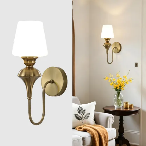 LASENCHOO Aplique de pared dorado moderno, 1 paquete de lámparas de pared de latón antiguo con pantalla de vidrio, apliques vintage, lámpara de