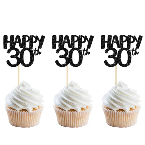 Miniatura 20 de Gyufise Paquete de 24 adornos negros para cupcakes con el número 10, para celebrar 10 cumpleaños, bodas, aniversarios, fiestas, suministros