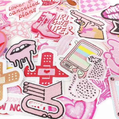 Miniatura 4 de NICEVINYL Parches bordados Preppy para planchar: 35 unidades de parches bordados de color rosa para coser en la ropa