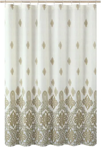 Miniatura 6 de Cortina de ducha de tela, estampado beige y tostado, cortinas de ducha con patrón de damasco bohemio de cachemira para baño, cortinas de baño Hudson