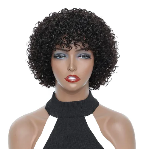 Miniatura 12 de Peluca de cabello humano rizado estilo Bob para mujeres negras, 150% de densidad, mezcla de castaño caoba, peluca corta sin pegamento por