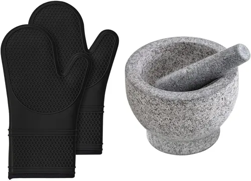 Gorilla Grip Juego de guantes de horno de silicona y juego de mortero y mortero, los guantes de horno negros son resistentes al calor, la capacidad