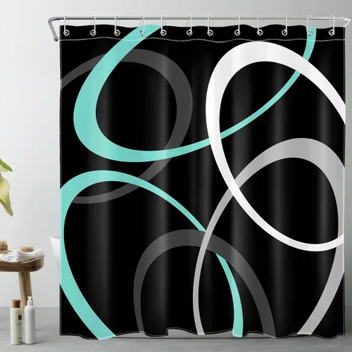 Miniatura 8 de EOBTAIN Cortina de ducha con patrón geométrico azul para baño, cortina de ducha abstracta gris y blanca sobre tela negra con 10 ganchos, cortinas