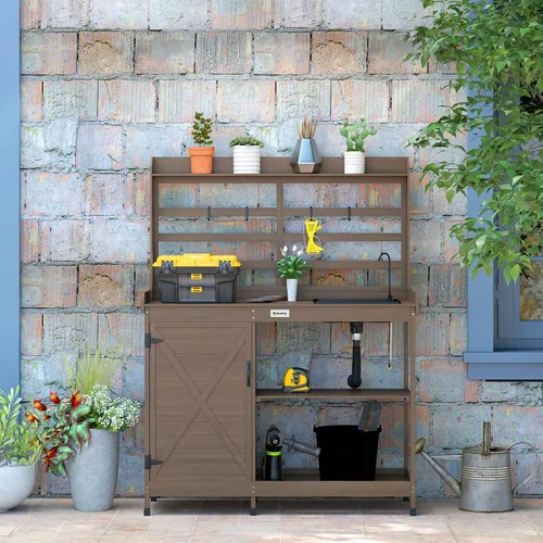 Miniatura 6 de Outsunny Banco de Jardinería Exterior de Madera con Mesa y Fregadero y Grifo, Estación de Trabajo de Jardín con Gabinete de Almacenamiento, Estantes