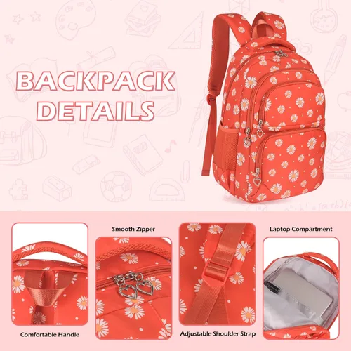 Miniatura 17 de goldwheat Mochilas impresas margaritas con paquete de almuerzo, estuche de lápices 3pcs, bolsa ligera resistente al agua para la escuela secundaria