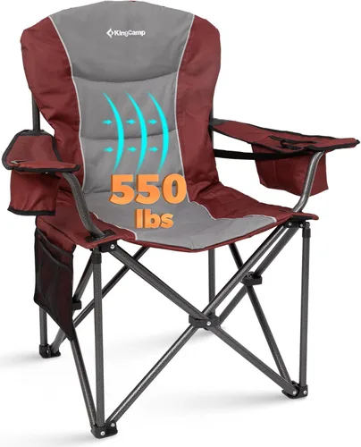 KingCamp Silla plegable de campamento de gran tamaño, resistente 450 libras con soporte lumbar, asiento acolchado con soporte para tazas y bolsa