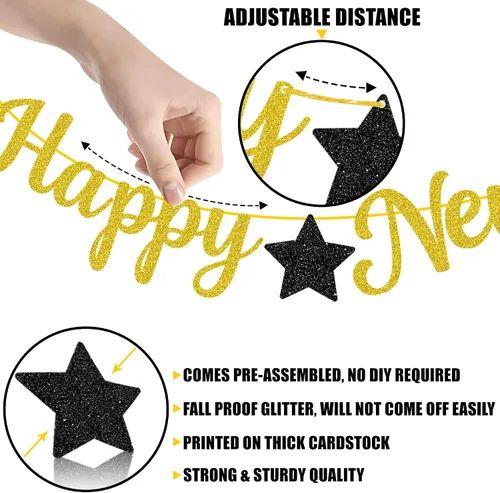 Miniatura 5 de KatchOn, Cartel de Feliz Año Nuevo pre-encordado – 10 pies, NO DIY, decoraciones doradas de la víspera de feliz Cartel de decoración de fiesta