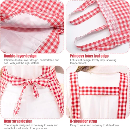 Miniatura 3 de Delantal clásico vintage para mujer, delantal de algodón a cuadros rojo y blanco, babero de chef de cocina para el hogar