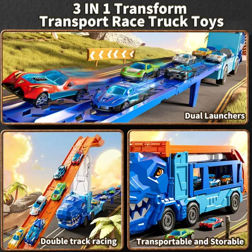 Miniatura 5 de Juego de pistas de camiones para niños de 3, 4, 5, 6 años, camión de dinosaurio, pista de carreras con 12 juguetes de autos de carreras fundidos a