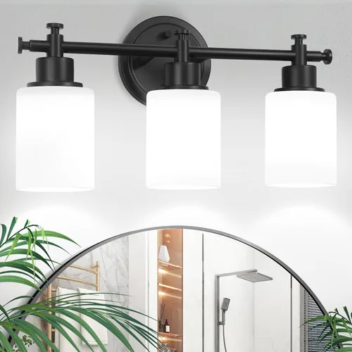 Miniatura 9 de Lámparas de baño negras de 3 luces, modernas luces de tocador sobre el espejo, apliques de pared de baño con pantalla de vidrio blanco, enchufe E26
